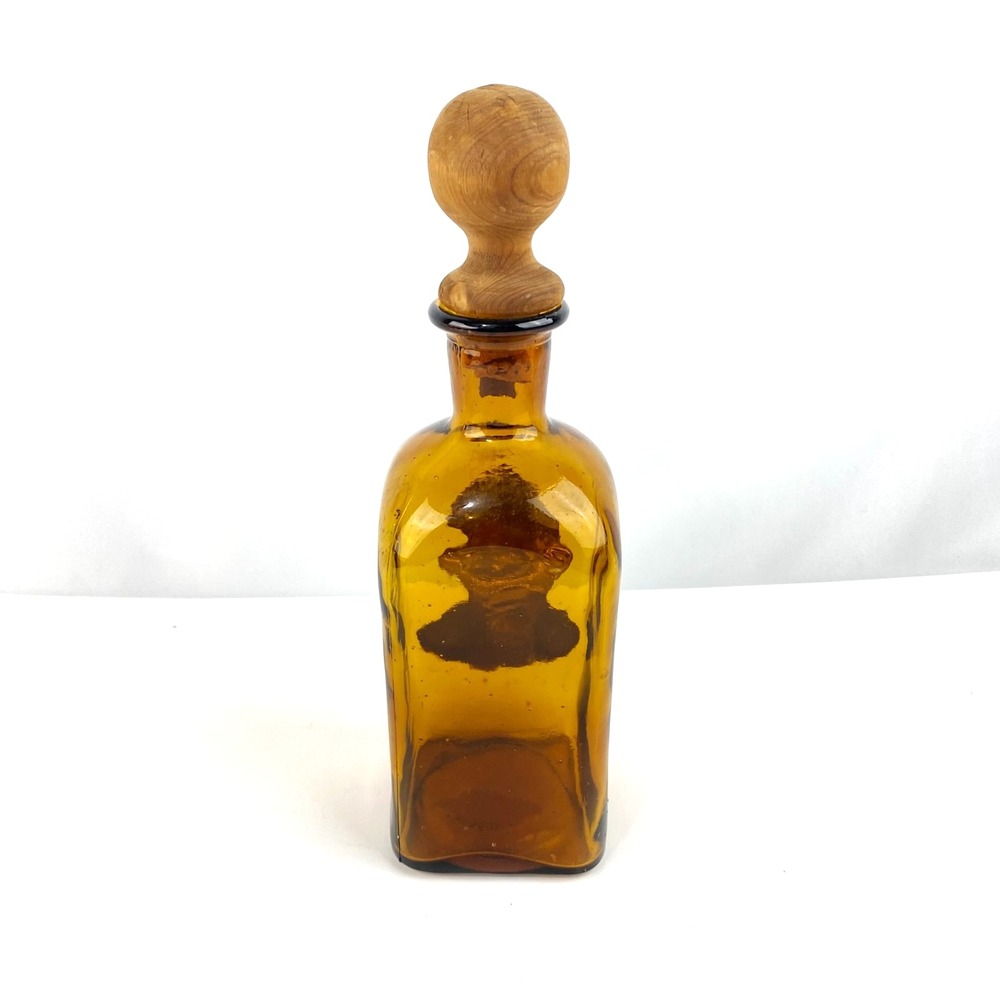 Amber Liquor Bottle of Sancho Panza Wood Cork Top Empty Nickel Silver Relief 12" - Picture 3 of 9